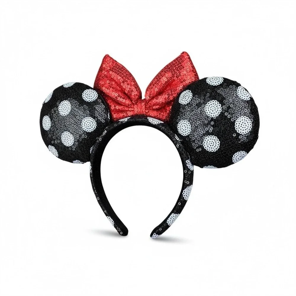 Disney‎ Parks Minnie Mouse Ears Headband Black Sequin Polka Dot Red Bow
